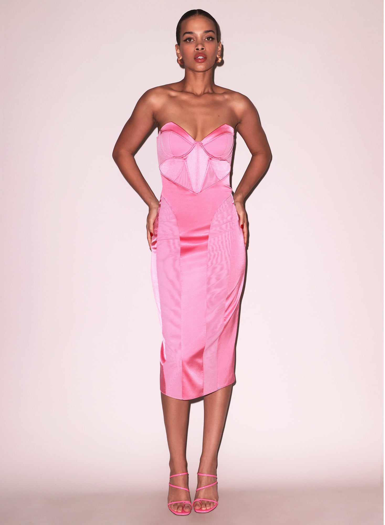 Satin & Mesh Bustier Midi Dress
